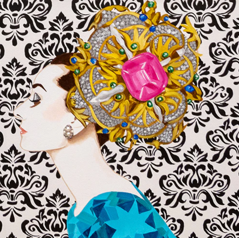 Audrey With Jeweled Brooch Chapeau on Damask